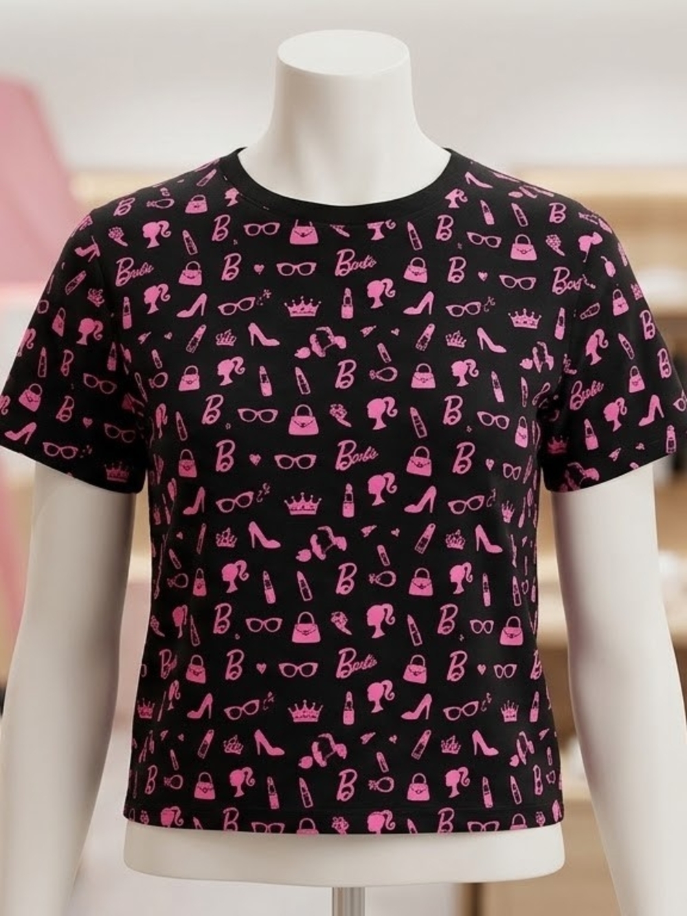 Barbie Black Tee with Pink Icon Allover Print
